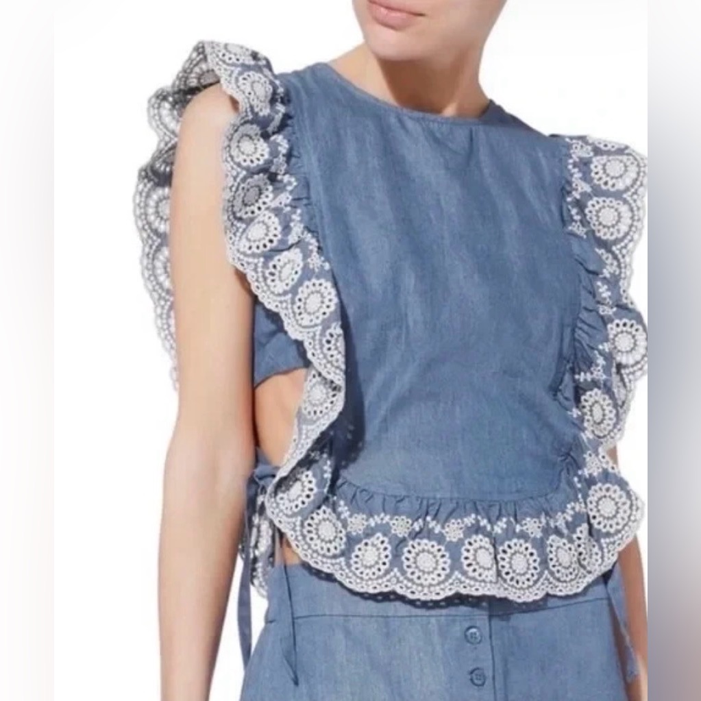 Nightcap Clothing Denim Chambray Sleeveless Embroidered Cropped Apron Top Sz S